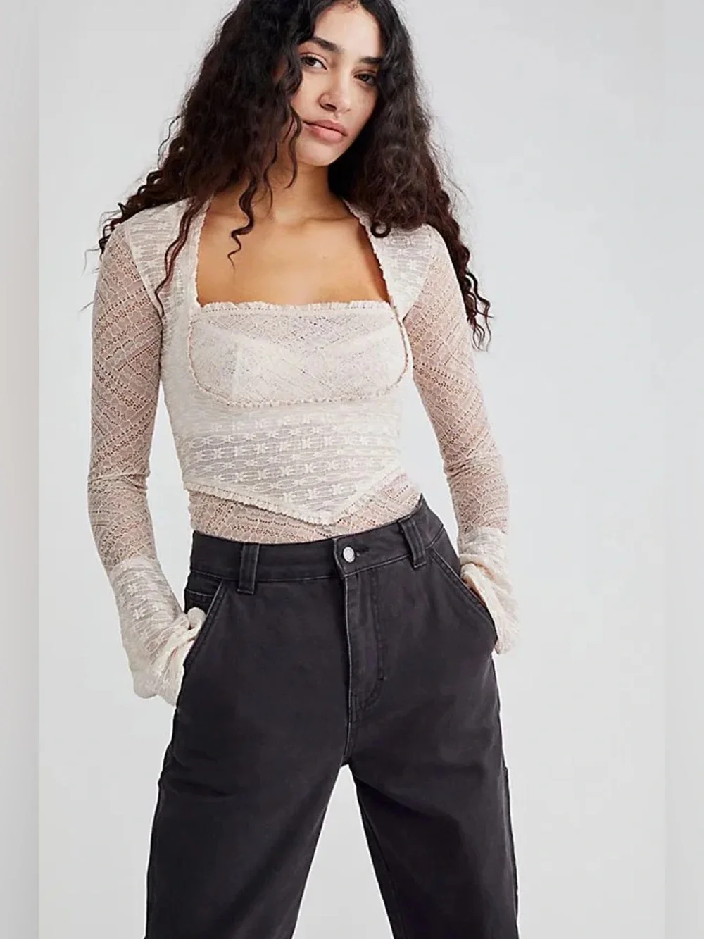 Free People lace long sleeve My Party Top Salt ruffle square neck cropped sheer